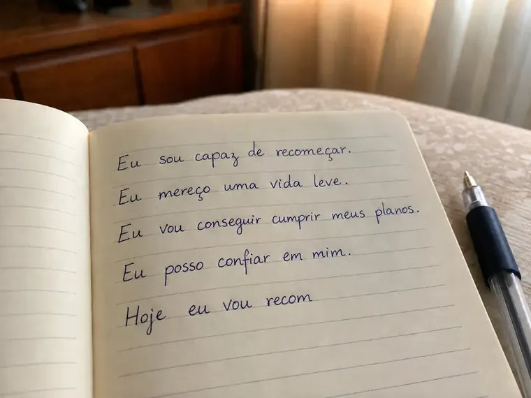 Caderno com frases de afirmação escritas à mão, a última interrompida no meio da palavra
